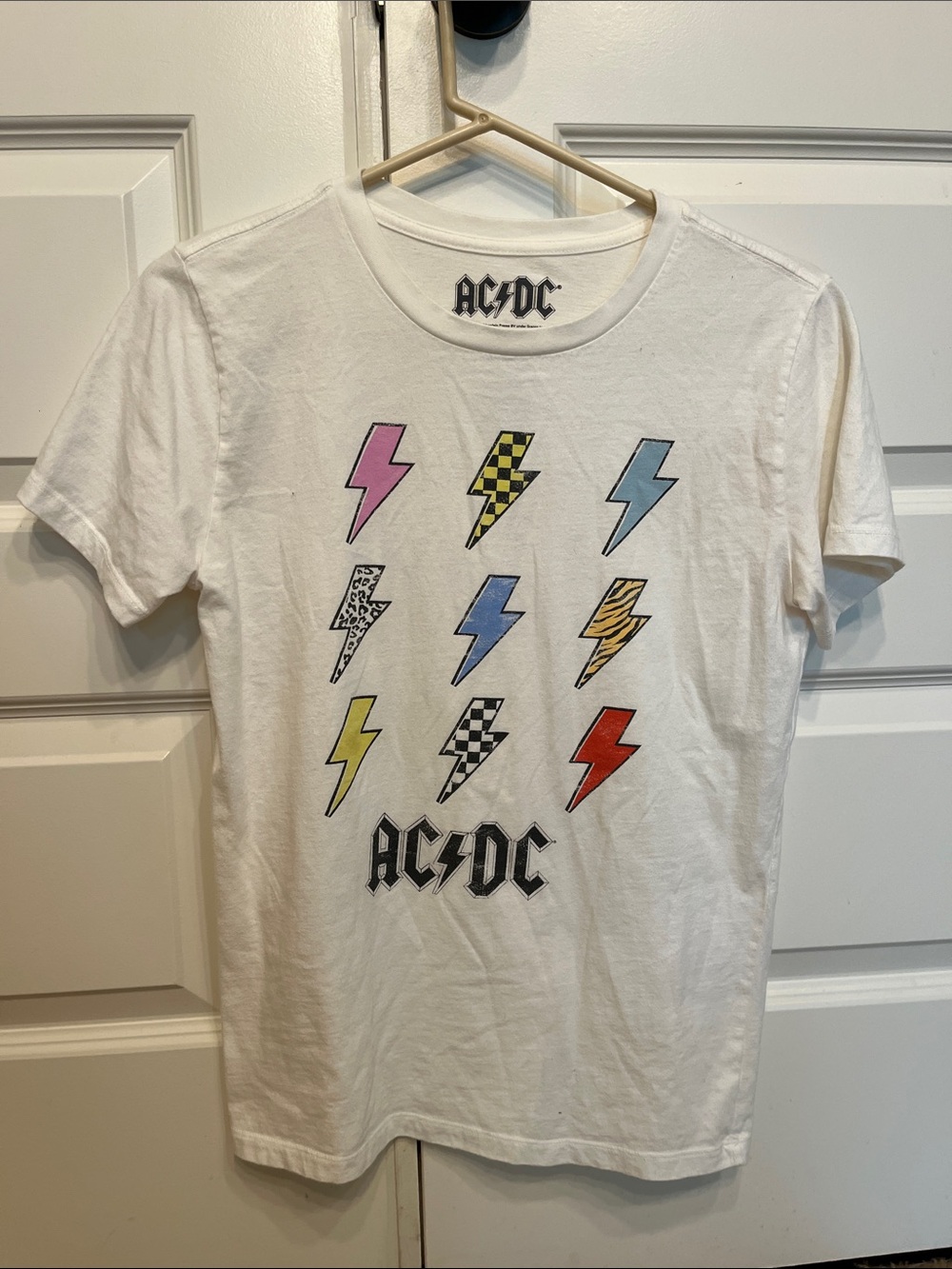 AC/DC‎ White Tee with Multicolor Lightning Bolt Grid